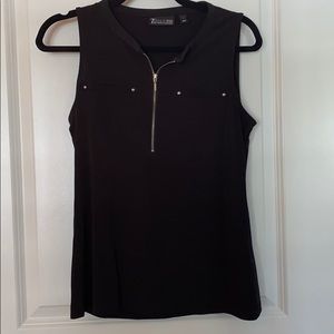 Black sleeveless top with front zipper